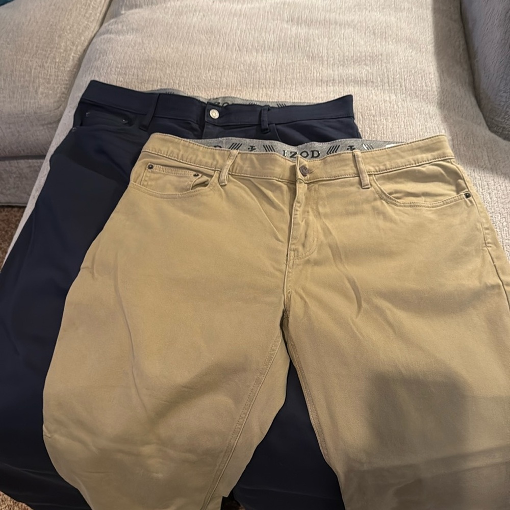 Two Pair Izod Men’s Pant 38 x 29.  One Pair Khaki & One Pair Navy.